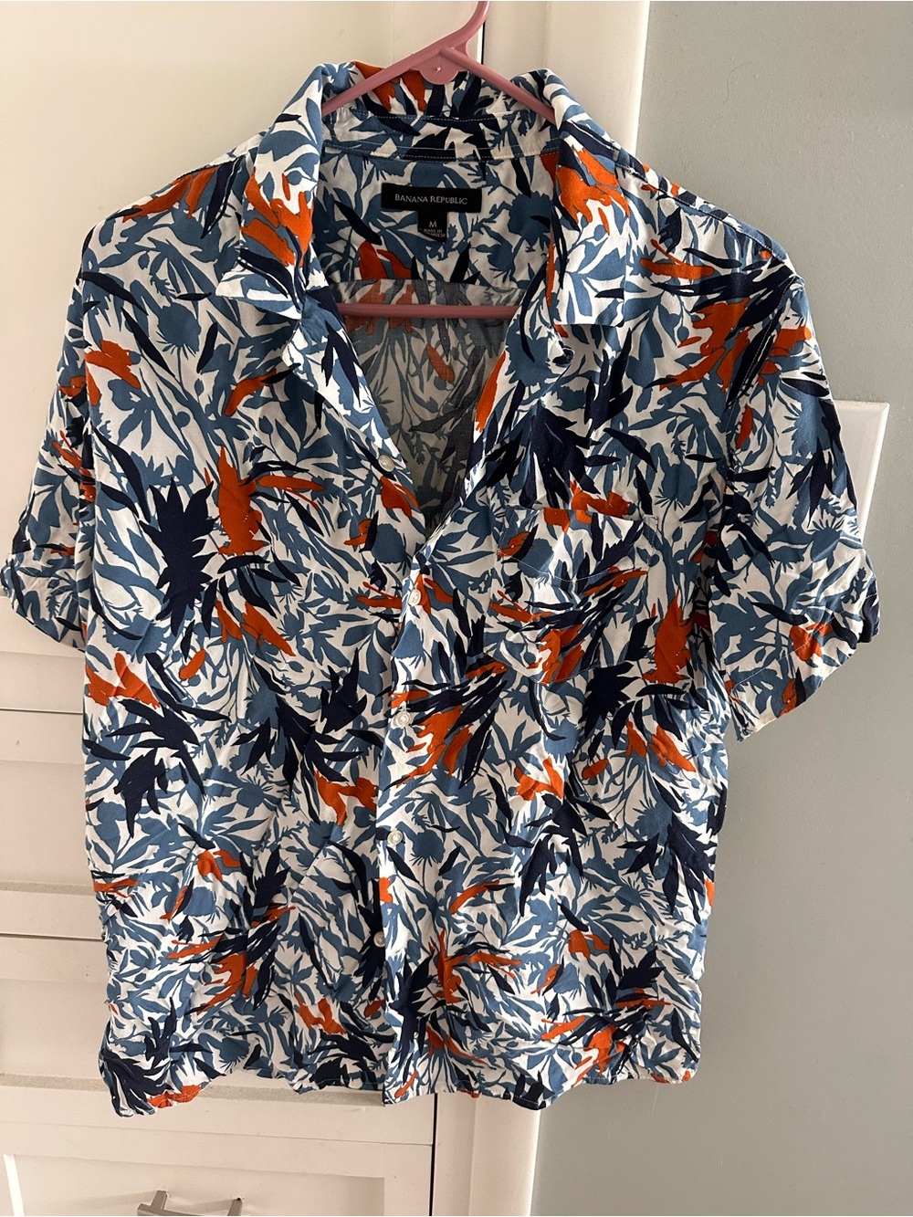 Banana Republic Shirt Mens Medium Blue Orange Floral Tropical Viscose Coastal